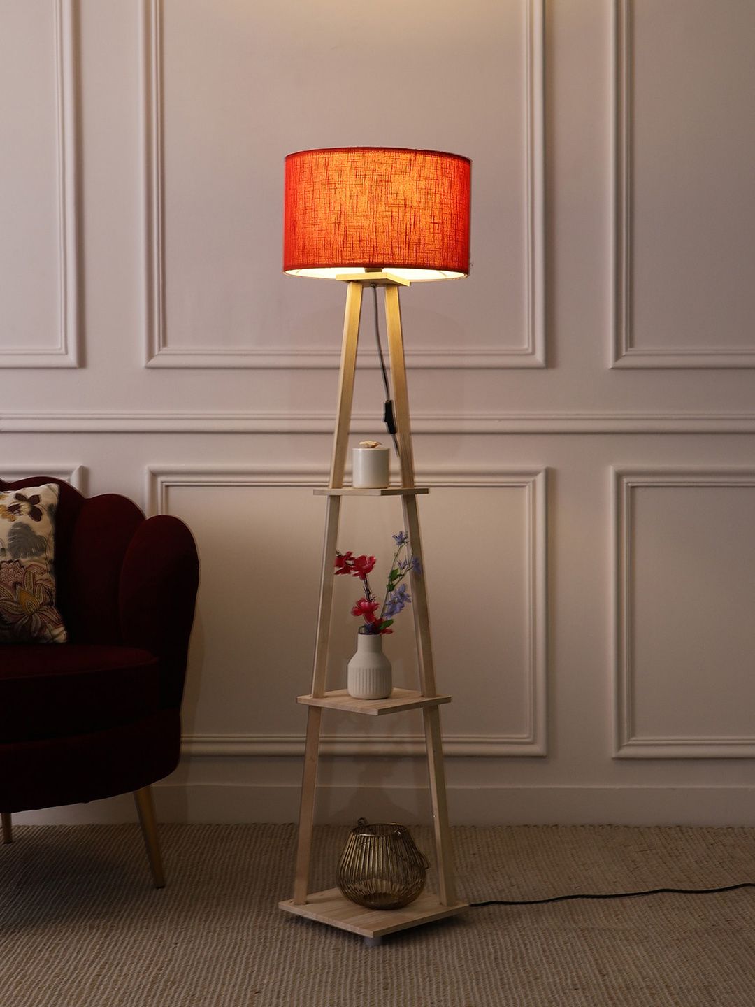 SANDED EDGE Beige & Red Wooden Floor Lamp With Shelves & Shade-image-42