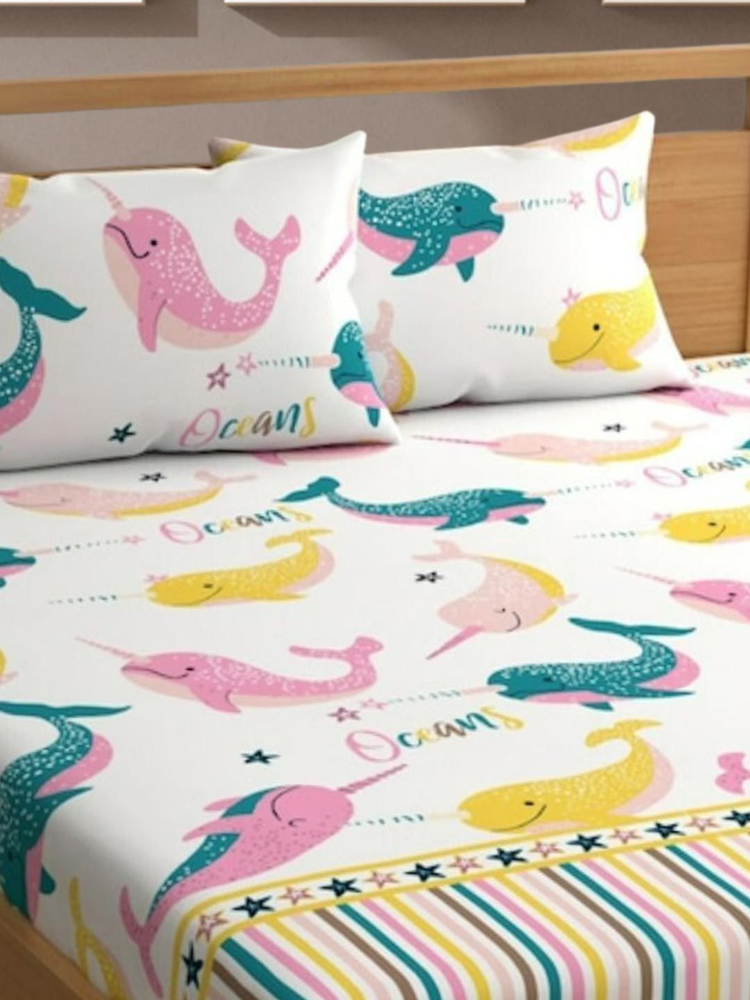Bajo's White & Pink Conversational 250 TC Cotton Fitted King Bedsheet with 2 Pillow Covers-picture-29