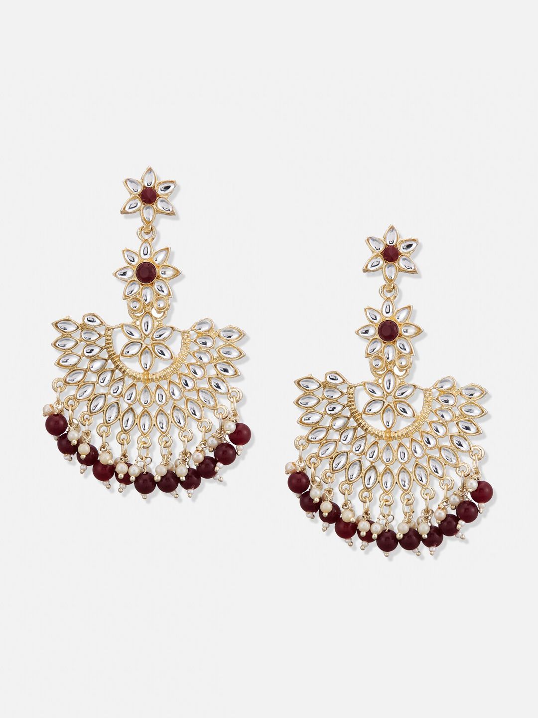 ATIBELLE Set Of 2 Gold Plated Contemporary Kundan-Studded And Beaded Chandbalis