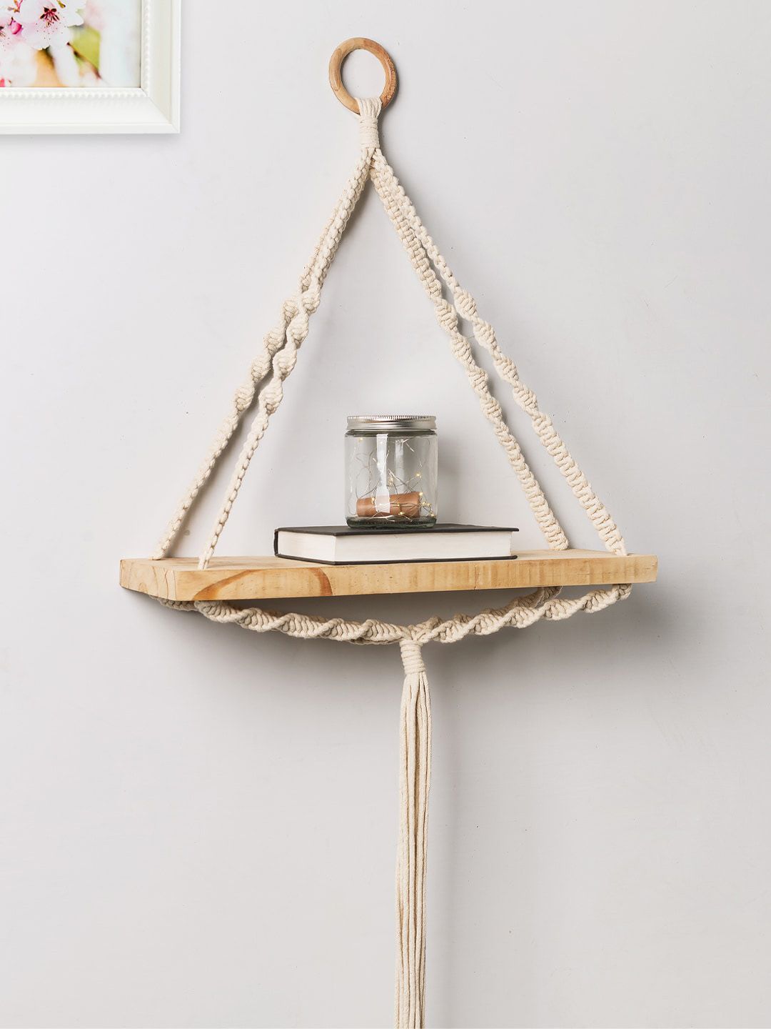 Decazone Beige Wood Macrame Wall Hanging Shelf