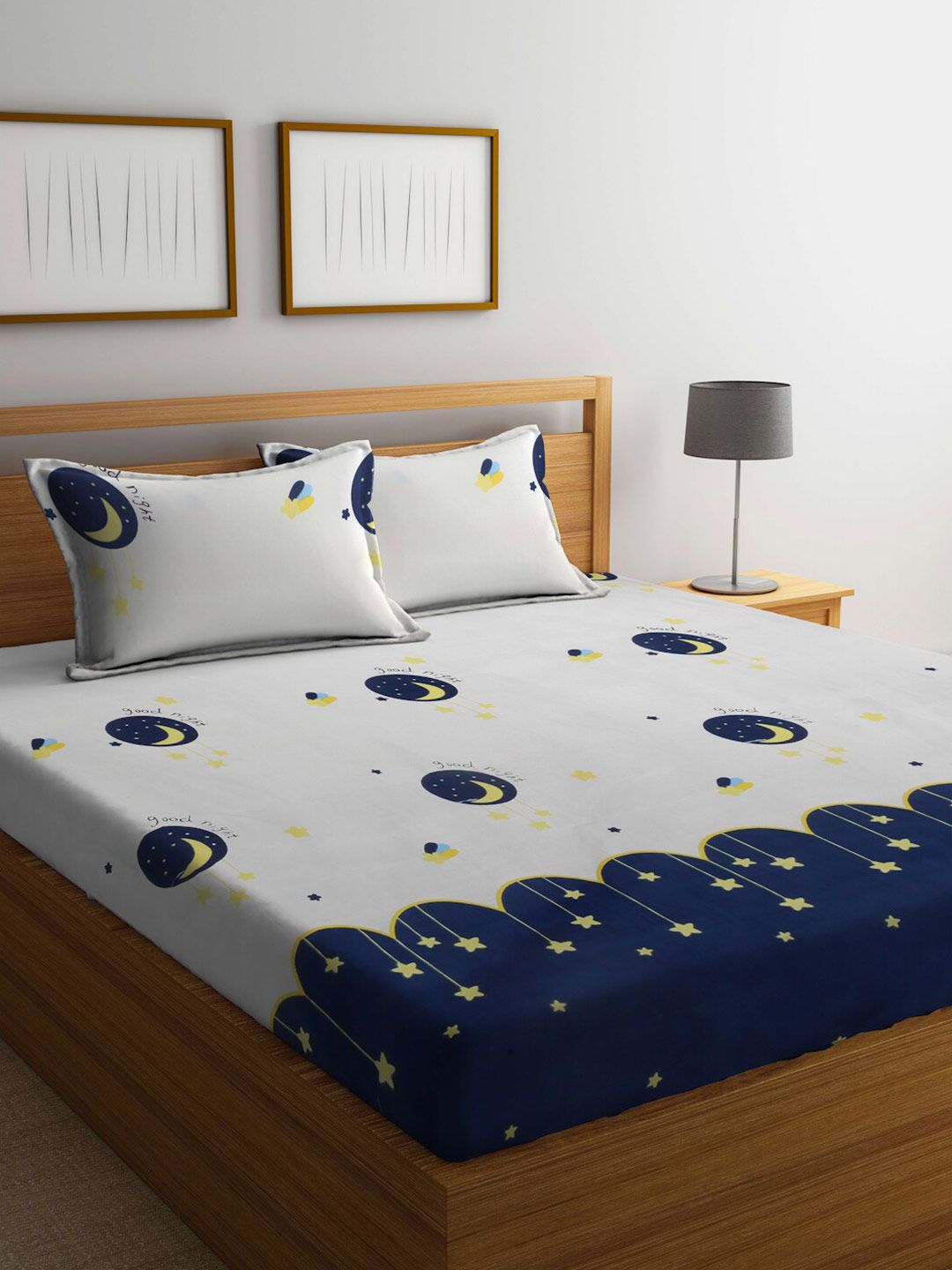 FABINALIV White & Blue Graphic 300 TC Fitted King Bedsheet with 2 Pillow Covers