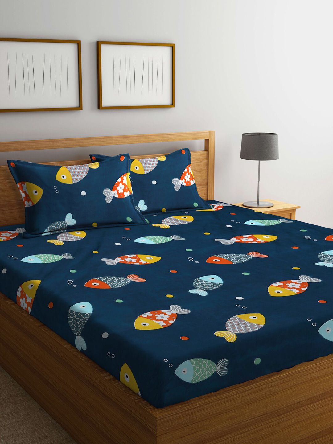 FABINALIV Blue & Yellow Graphic 300 TC Fitted King Bedsheet with 2 Pillow Covers-image-22