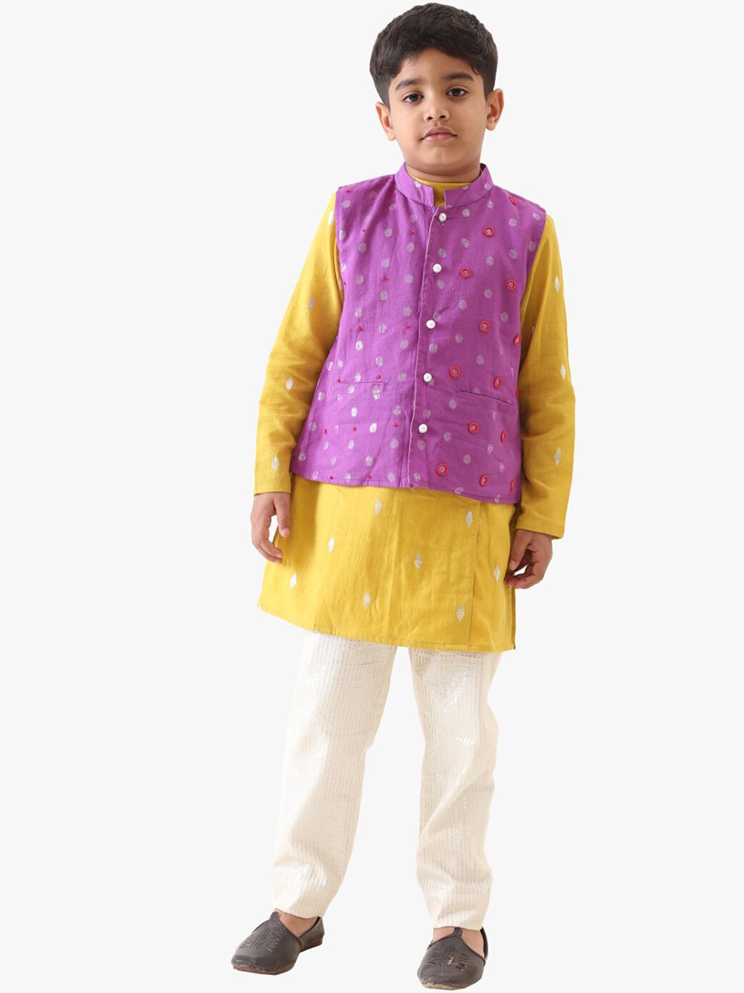 Jilmil Boys Ethnic Motifs Woven Design Regular Cotton Kurta & Pyjamas with Nehru Jacket-picture-24