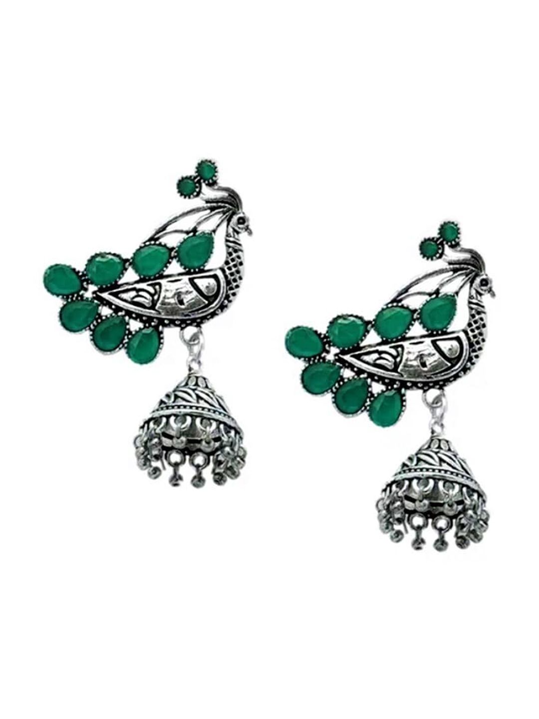 ATIBELLE Silver-Plated Stone Studded Peacock Shaped Jhumkas Earrings
