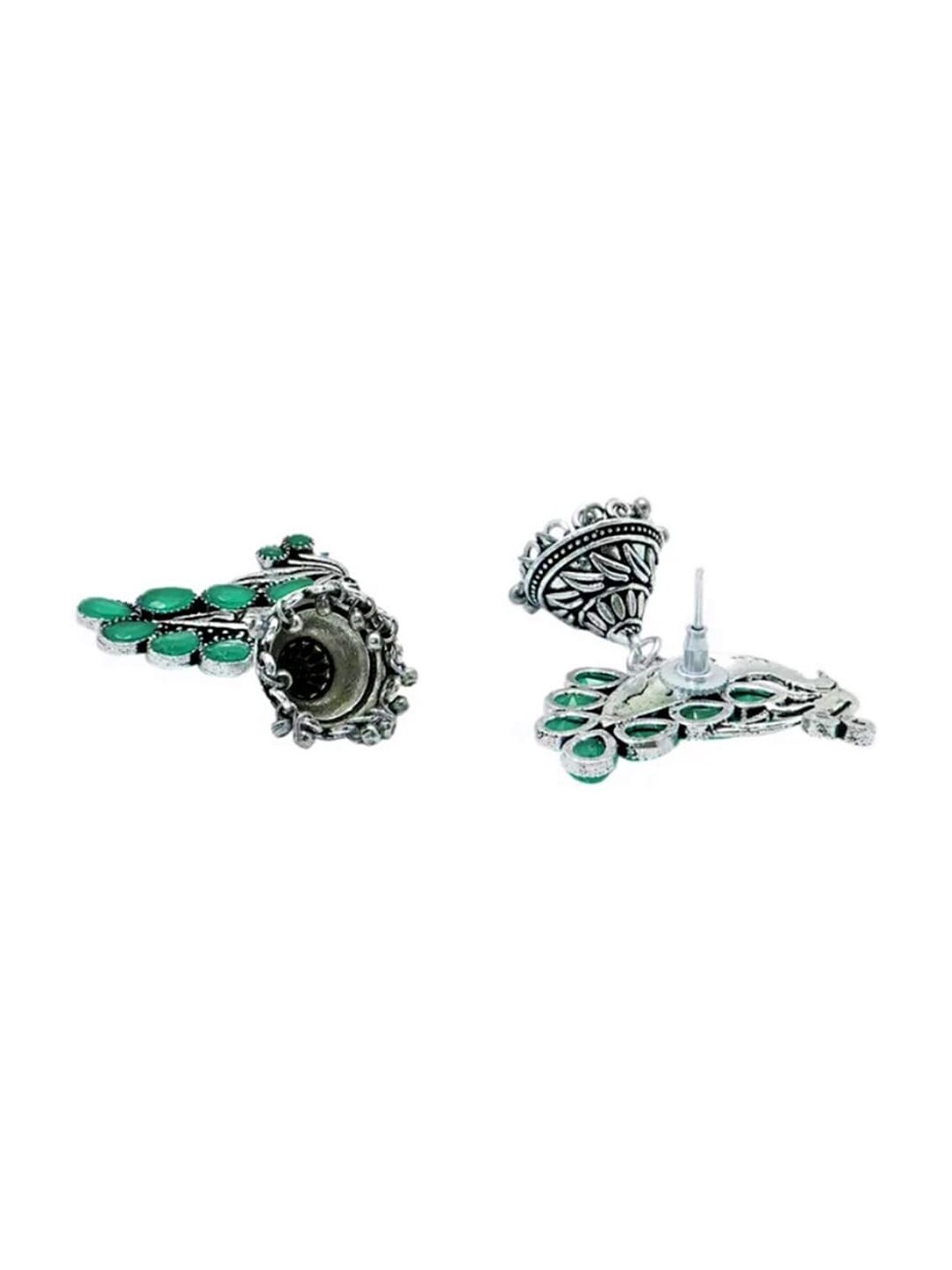 ATIBELLE Silver-Plated Stone Studded Peacock Shaped Jhumkas Earrings