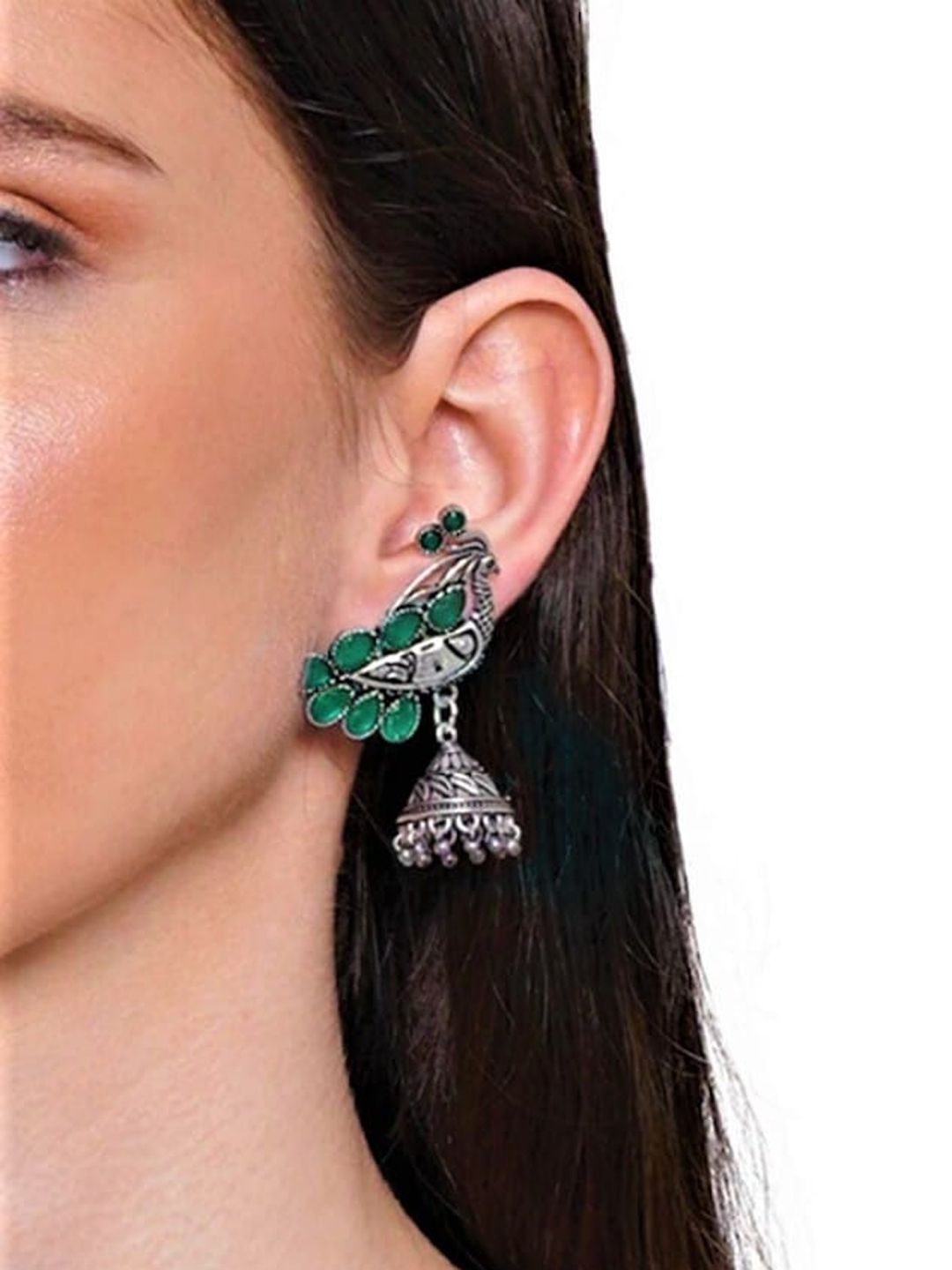 ATIBELLE Silver-Plated Stone Studded Peacock Shaped Jhumkas Earrings