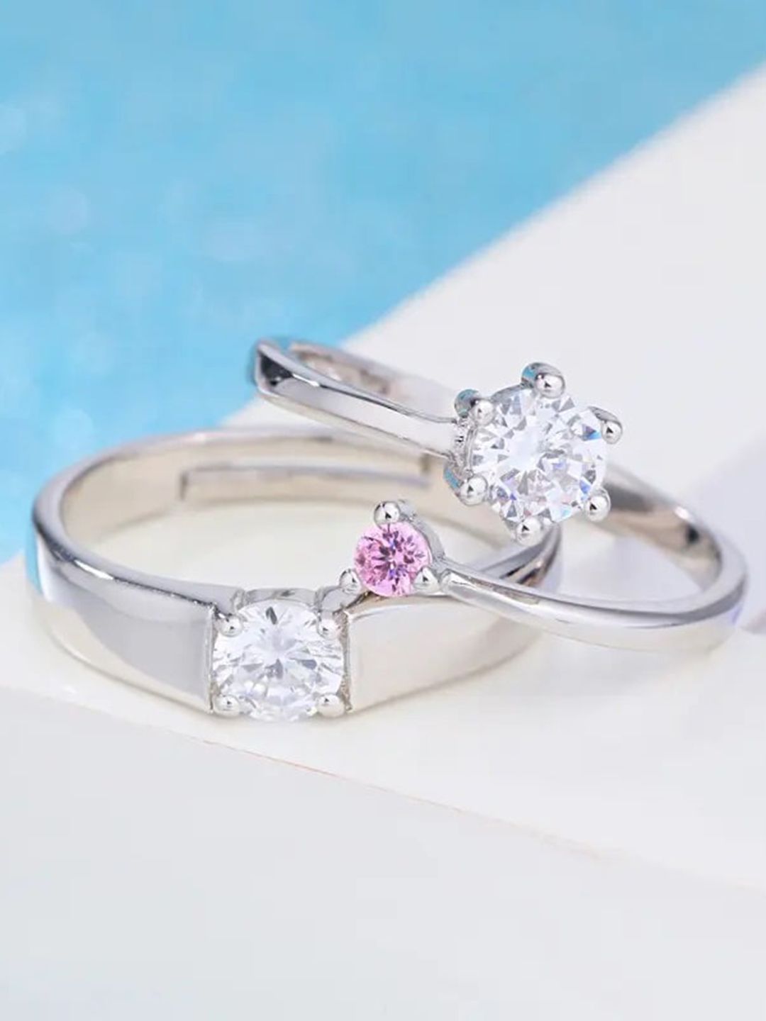 MEENAZ Set Of 2 Silver-Plated & AD-Studded Couple Couple Ring-picture-35