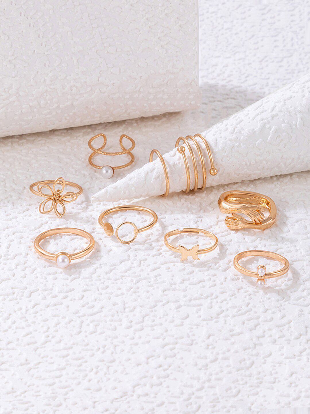 Jewels Galaxy Set Of 9 Gold-Plated Beaded Contemporary Stackable Finger Rings-picture-18
