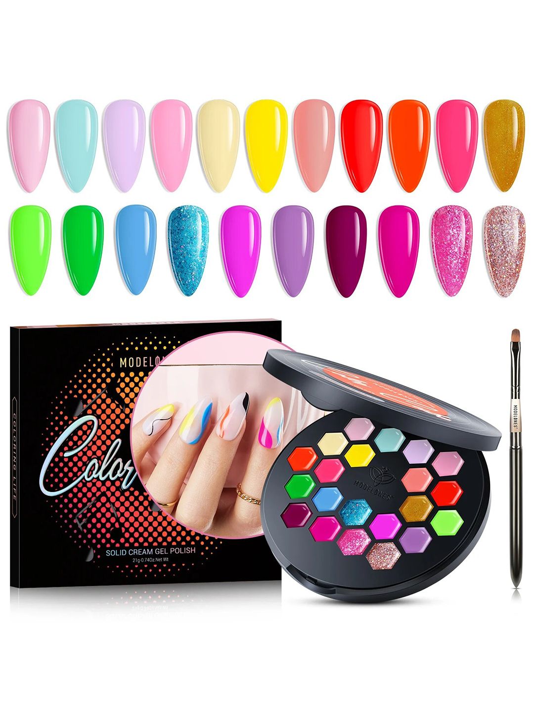 Modelones Color Cube 21 Colors Nail Polish Palette with Brush 21g - Saturated Sunrise 62A-image-0