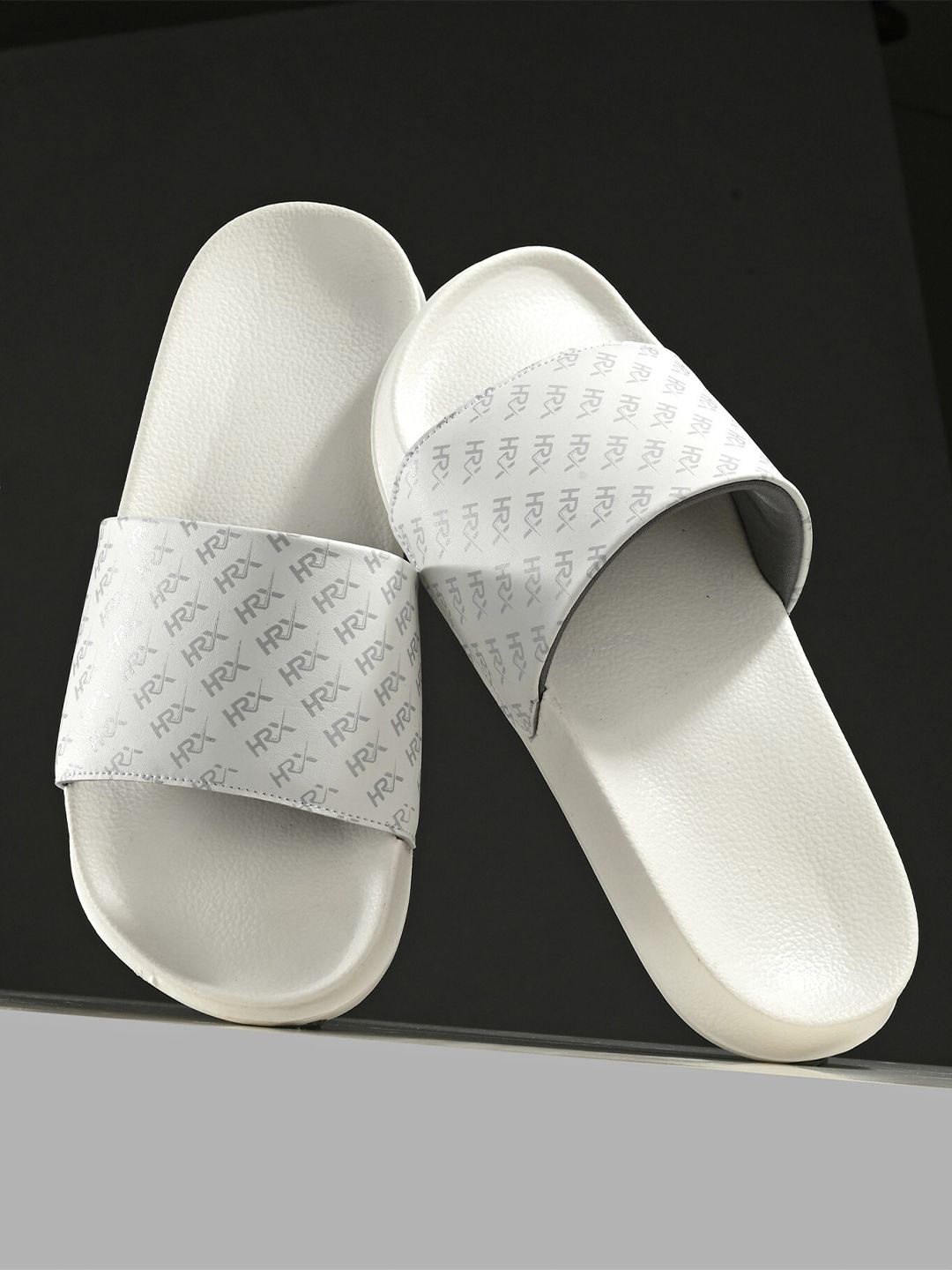 HRX by Hrithik Roshan Men White & Grey Printed Sliders