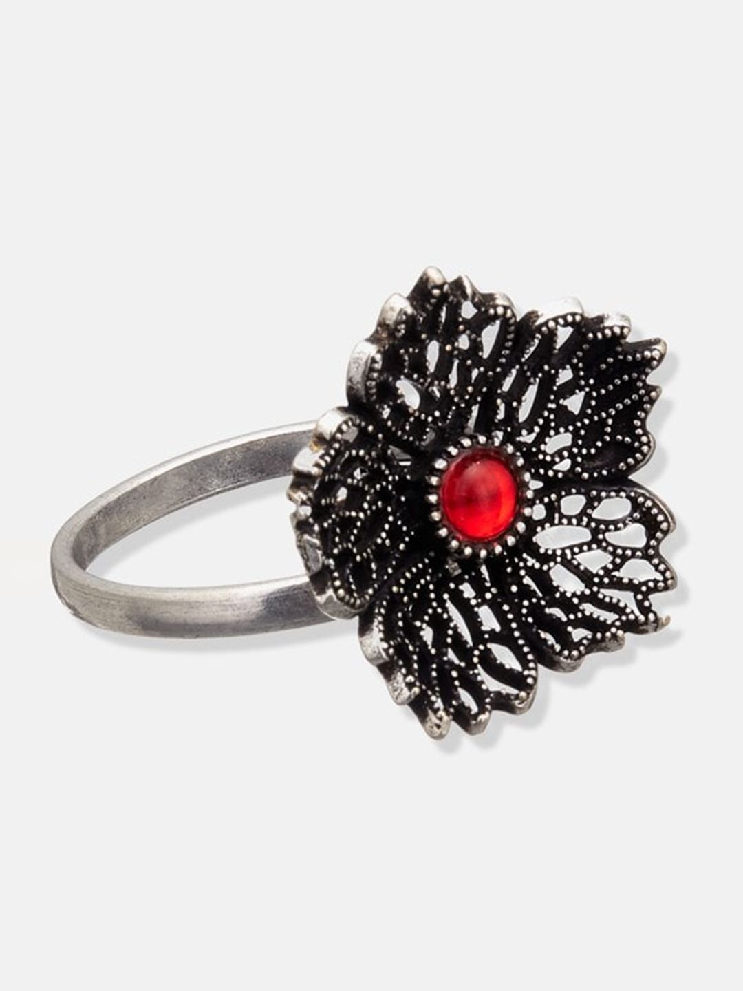 ATIBELLE Silver-Plated Stone-Studded Floral Textured Adjustable Finger Ring