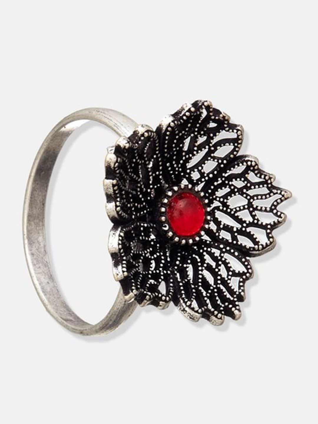ATIBELLE Silver-Plated Stone-Studded Floral Textured Adjustable Finger Ring