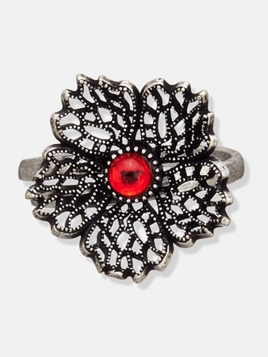 ATIBELLE Silver-Plated Stone-Studded Floral Textured Adjustable Finger Ring
