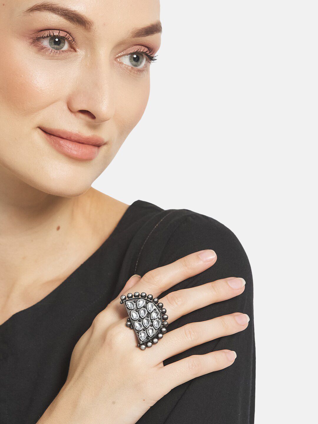 ATIBELLE Silver-Plated & Crystal Stone-Studded Adjustable Ring