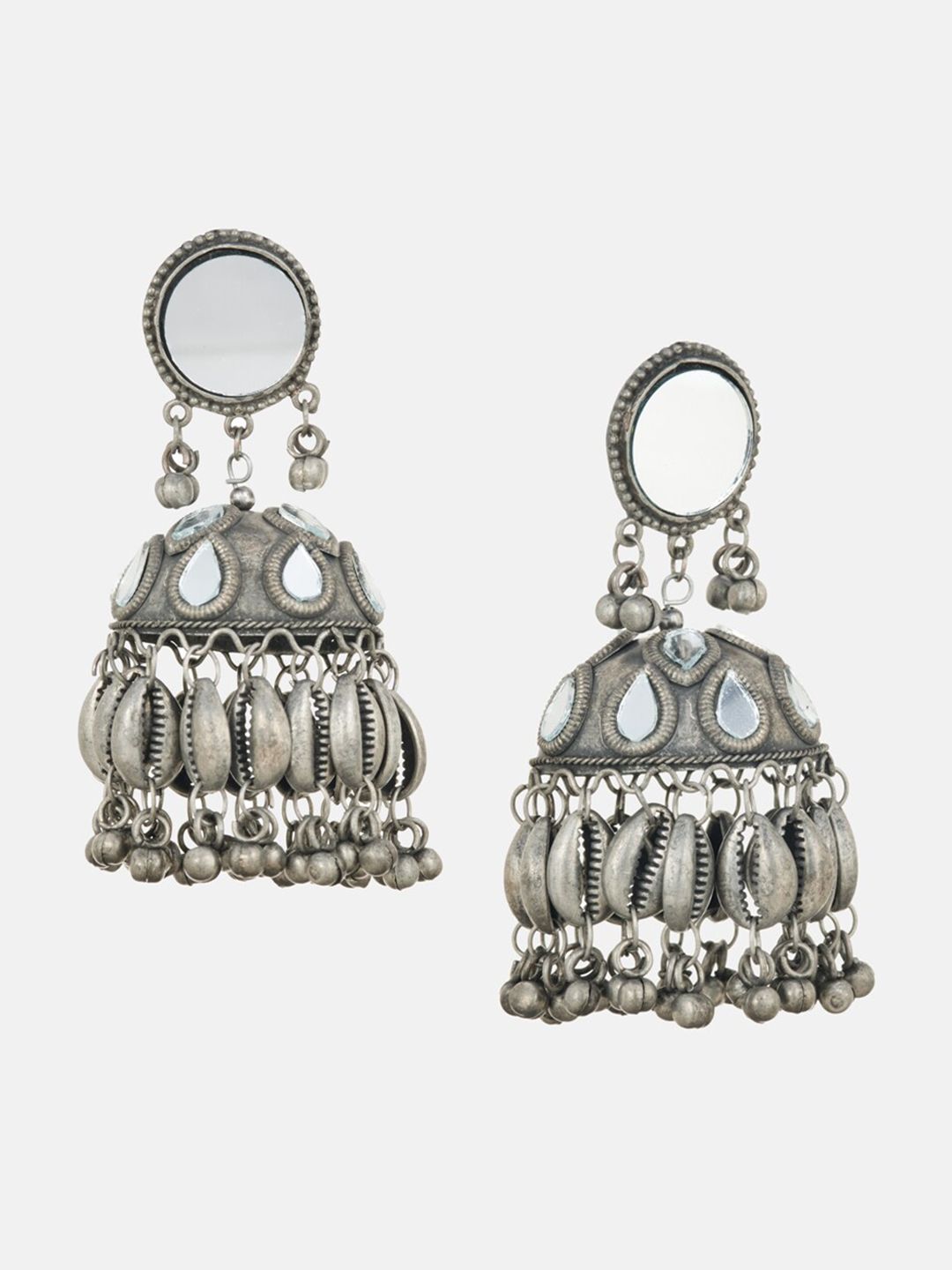 ATIBELLE Silver-Plated Dome Shaped  Mirror Detailing Afghani Jhumkas