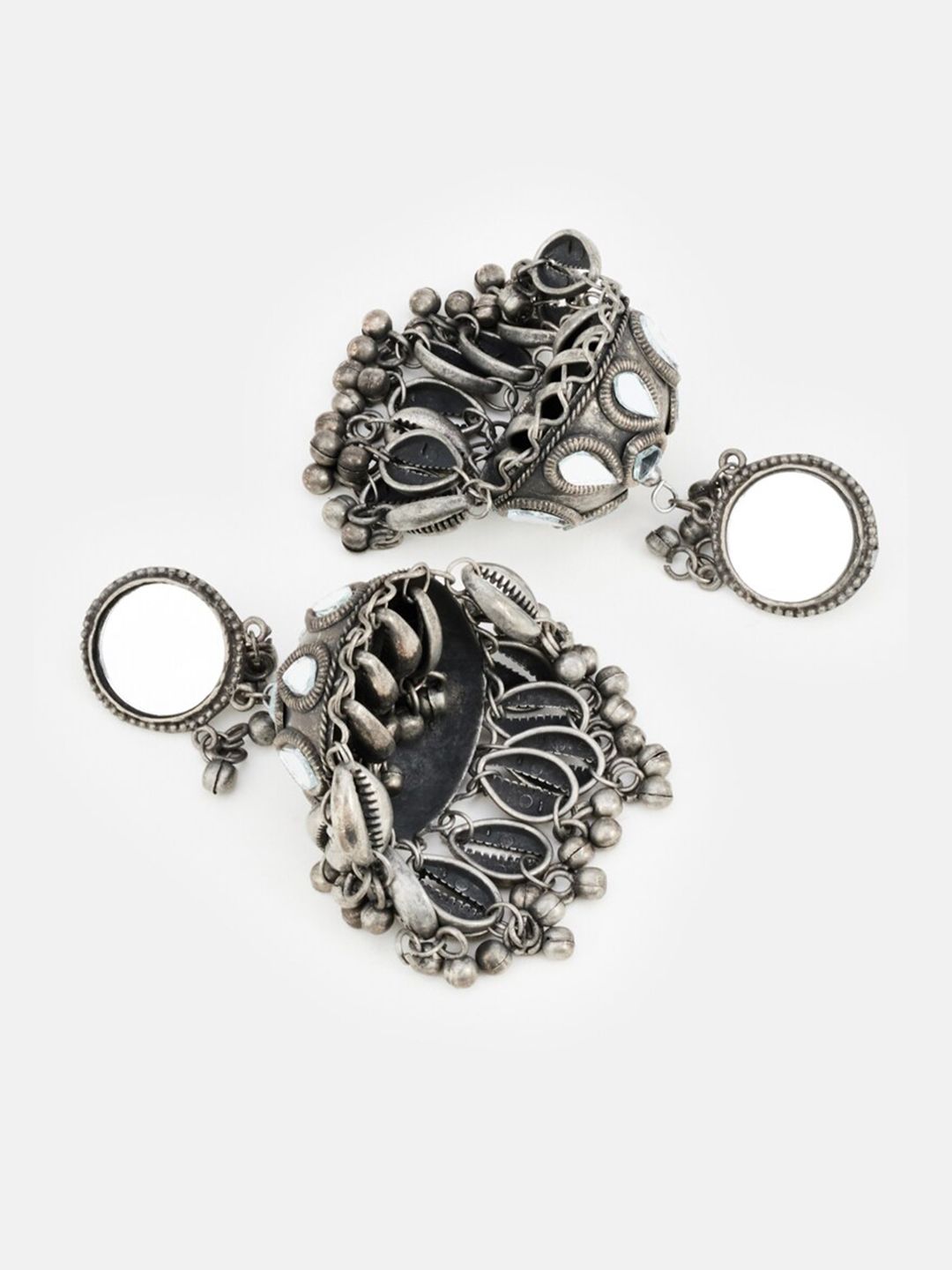 ATIBELLE Silver-Plated Dome Shaped  Mirror Detailing Afghani Jhumkas