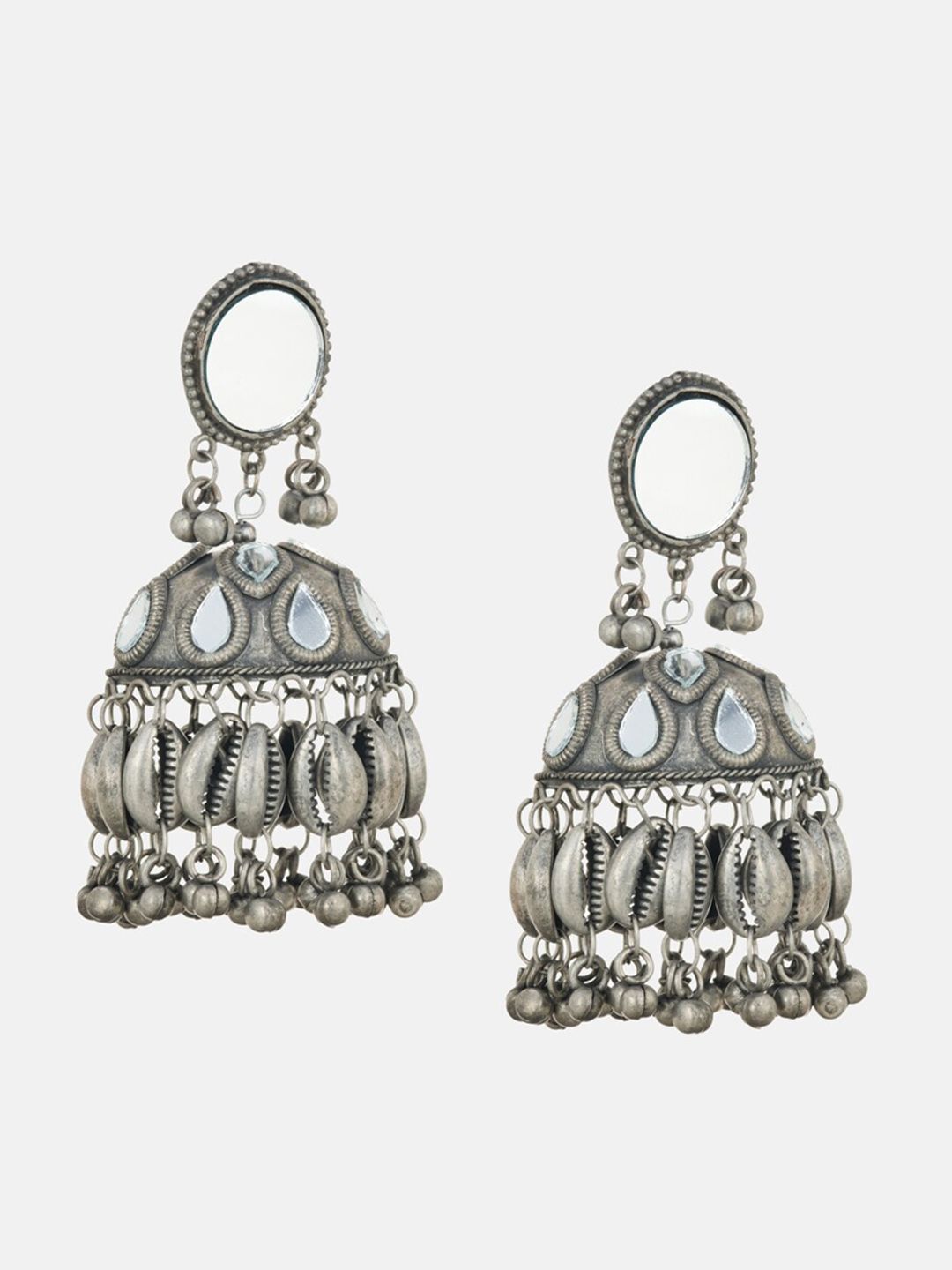 ATIBELLE Silver-Plated Dome Shaped  Mirror Detailing Afghani Jhumkas