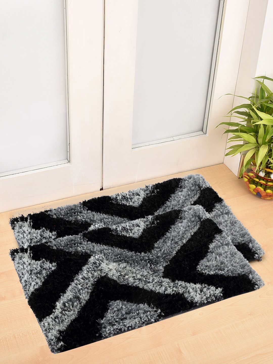 FABINALIV Black & Grey 2 Pieces Geometric Anti-Skid Doormats-image-48