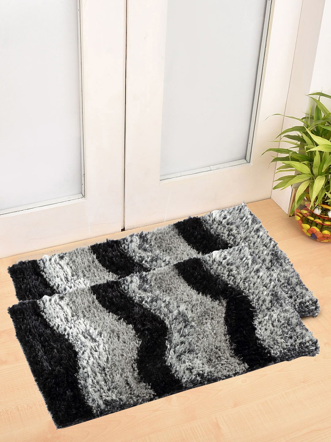 FABINALIV 2-Pcs Black & Grey Striped Anti-Skid Doormats-image-47