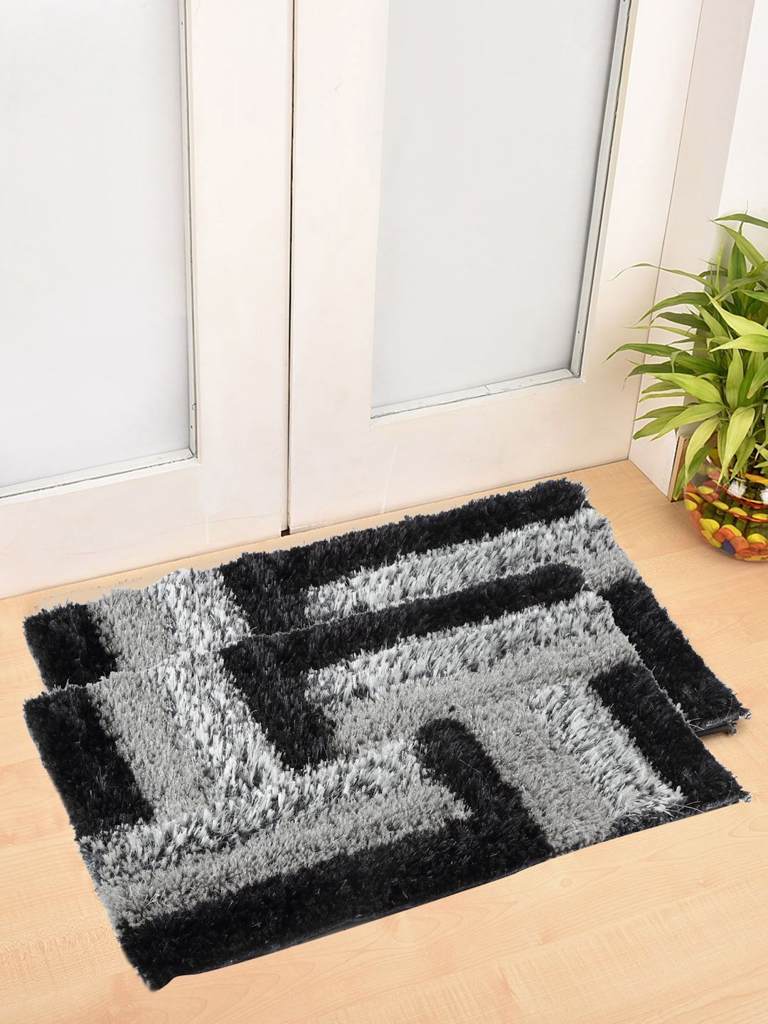 FABINALIV Black & Grey 2 Pieces Geometric Anti-Skid Doormats-image-25
