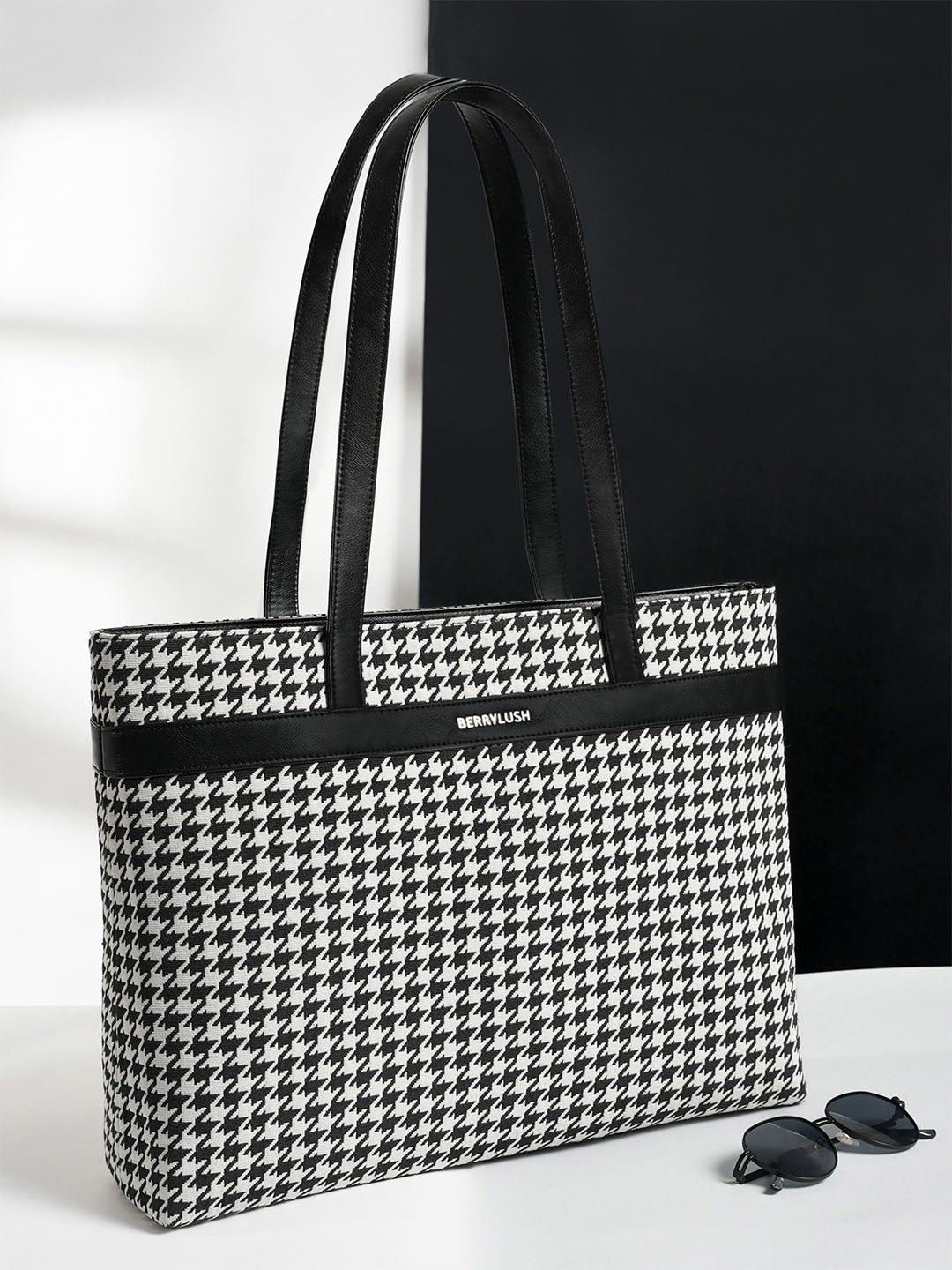 Berrylush Black & White Printed Structured Laptop Handheld Bag-picture-24