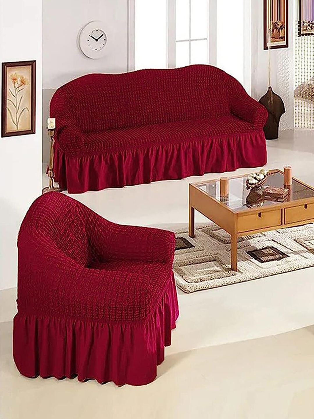 HOUSE OF QUIRK Maroon Polyester Sofa Cover With Skirt-image-42