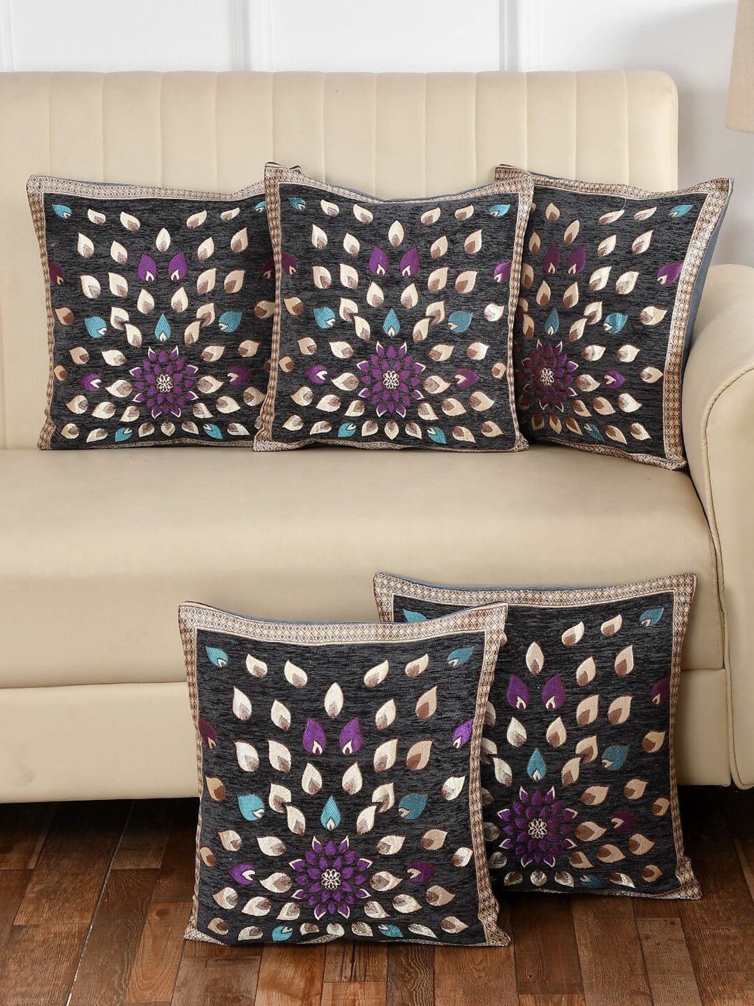 MULTITEX Grey & Beige 5 Pieces Floral Cotton Square Cushion Covers-picture-17