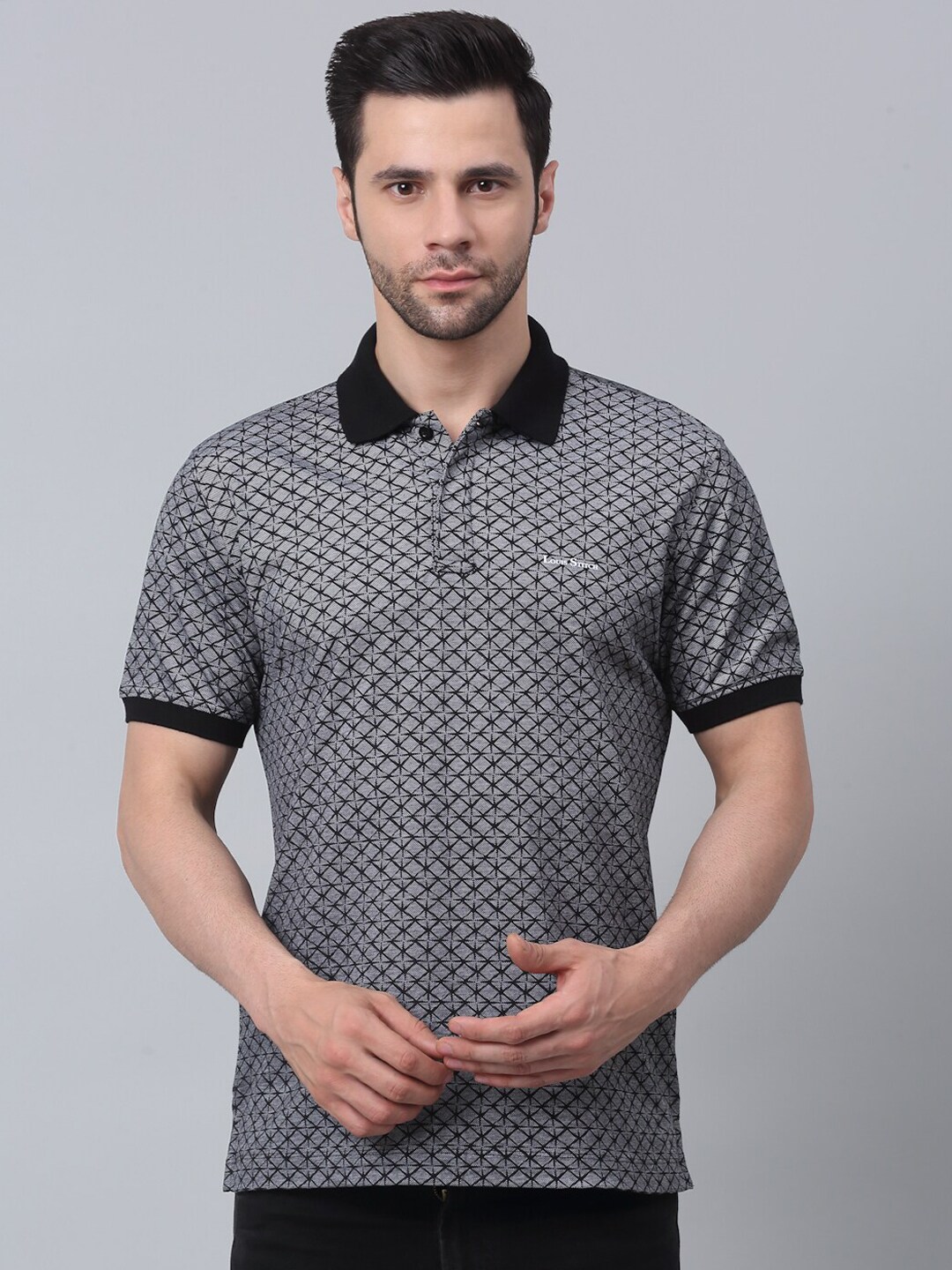 LOUIS STITCH Geometric Printed Polo Collar Dry Fit Technology Slim Fit T-shirt