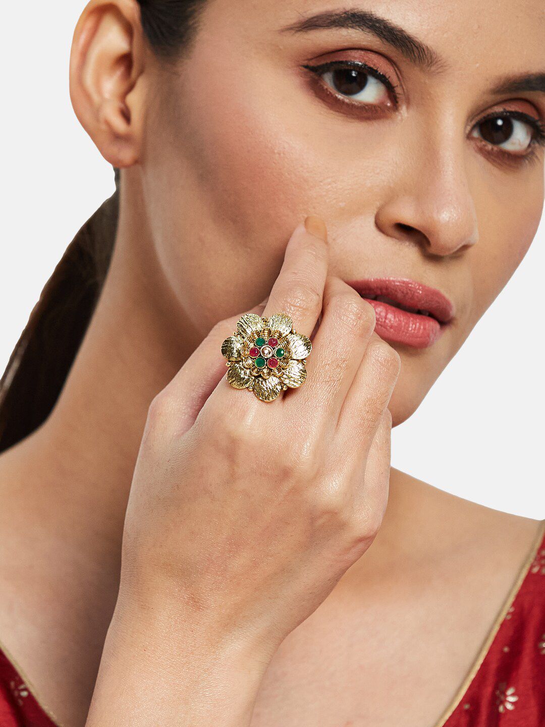 ATIBELLE Gold-Plated Stone-Studded Floral Shaped Adjustable Finger Ring