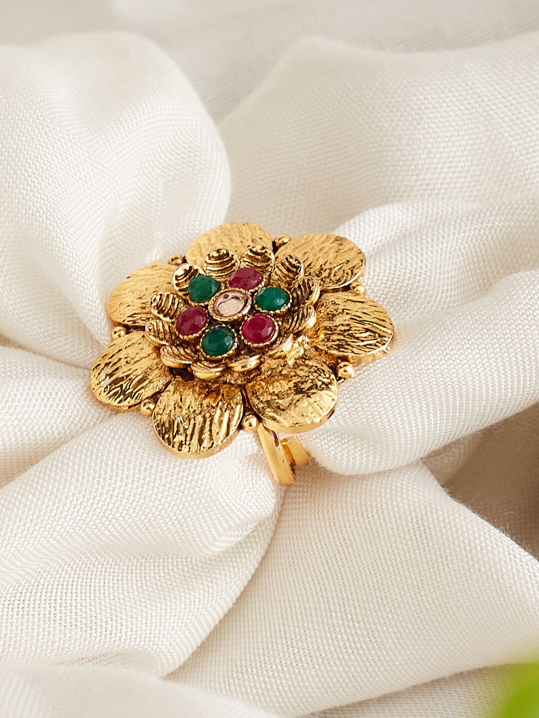 ATIBELLE Gold-Plated Stone-Studded Floral Shaped Adjustable Finger Ring
