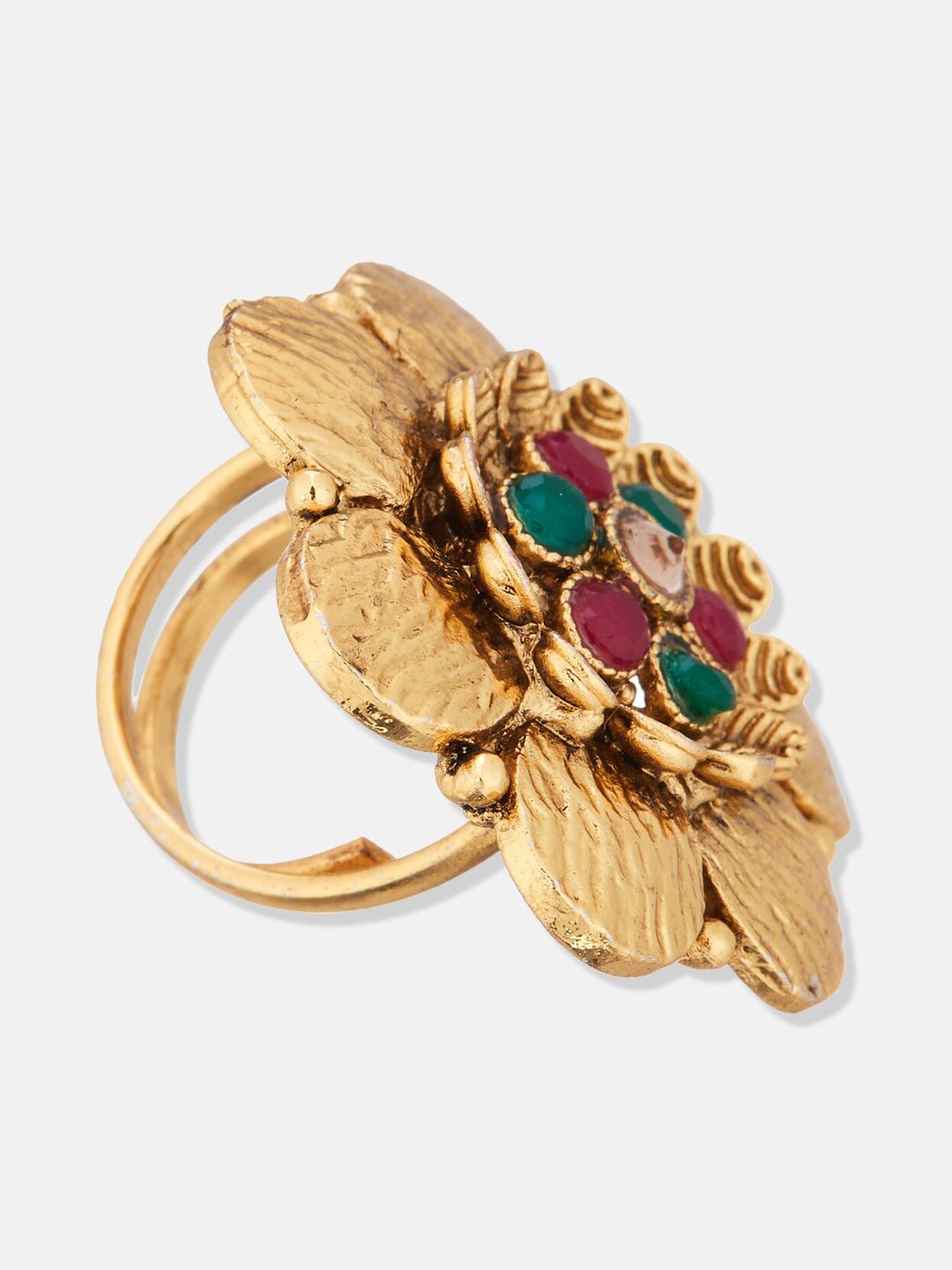 ATIBELLE Gold-Plated Stone-Studded Floral Shaped Adjustable Finger Ring