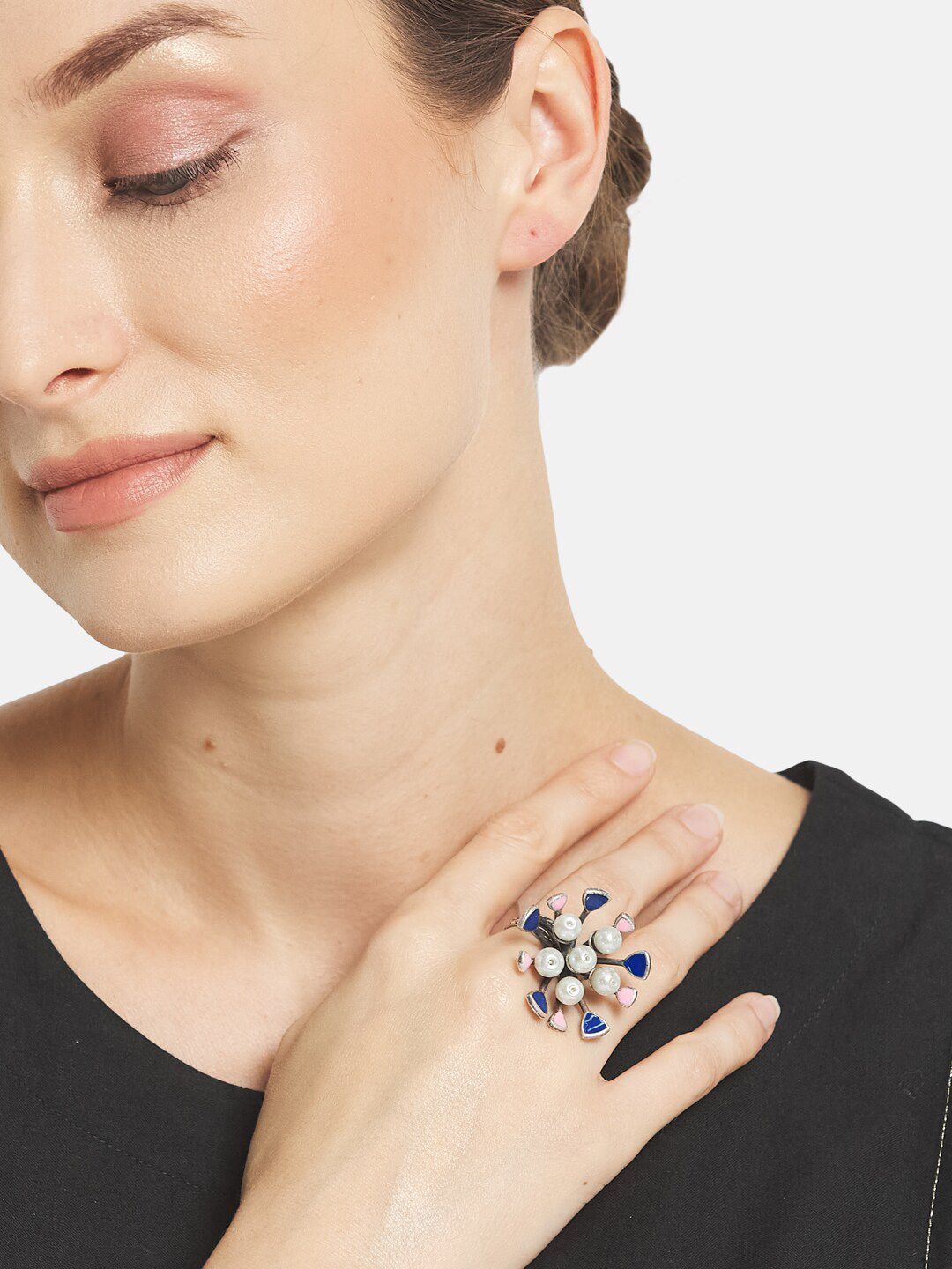 ATIBELLE Set Of 2 Silver Plated & Pearl Beaded Finger Ring