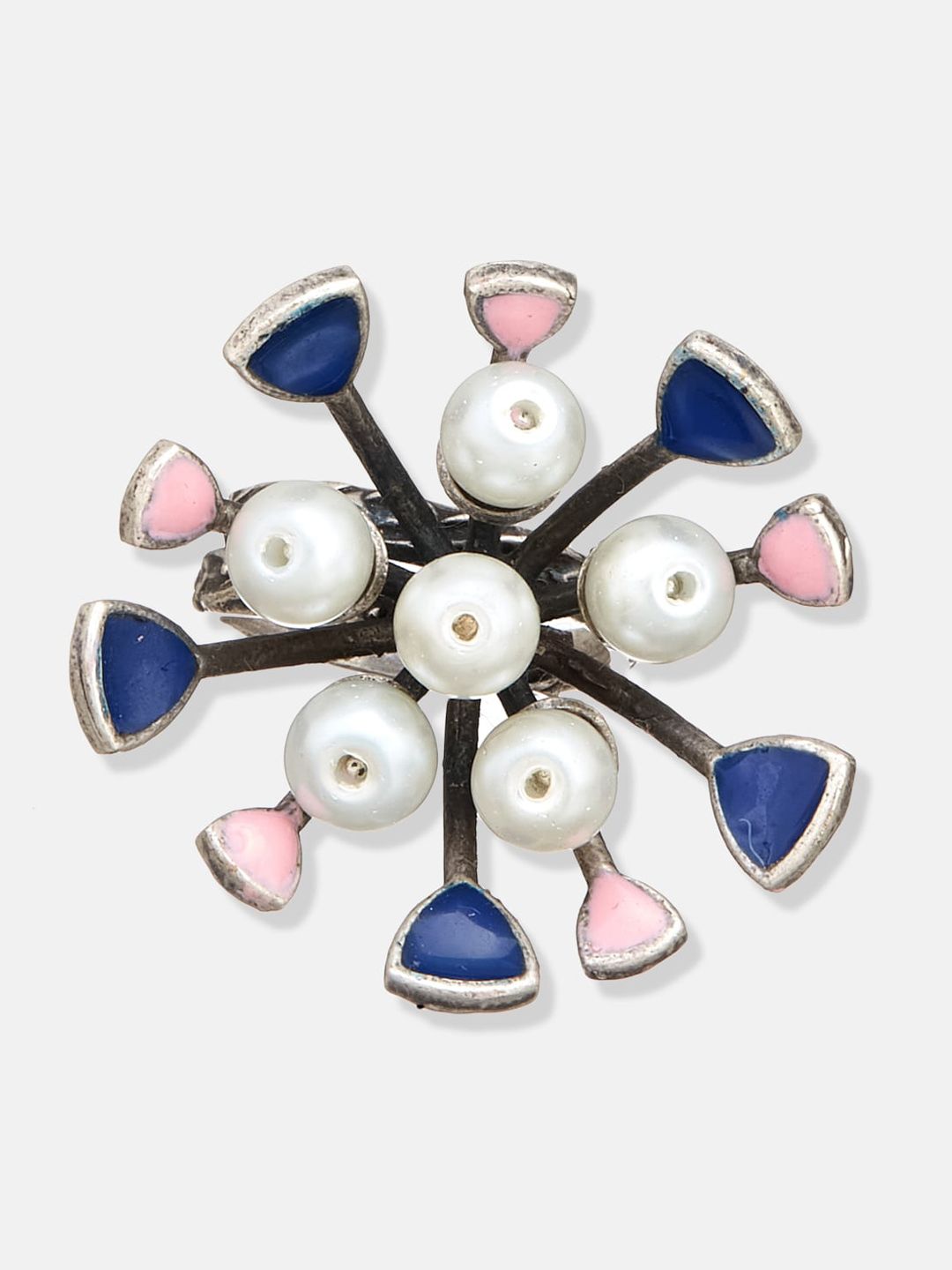 ATIBELLE Set Of 2  Silver-Plated Stone-Studded & Pearl Beaded Adjustable Finger Ring
