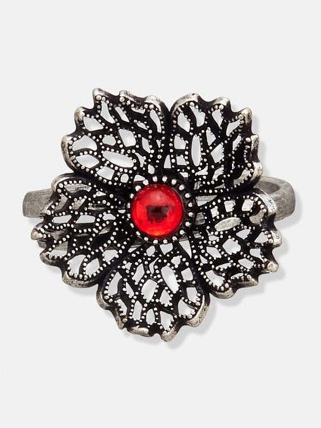 ATIBELLE Set Of 2  Silver-Plated Stone-Studded & Pearl Beaded Adjustable Finger Ring