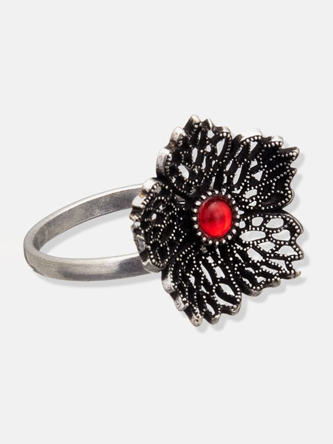ATIBELLE Set Of 2  Silver-Plated Stone-Studded & Pearl Beaded Adjustable Finger Ring