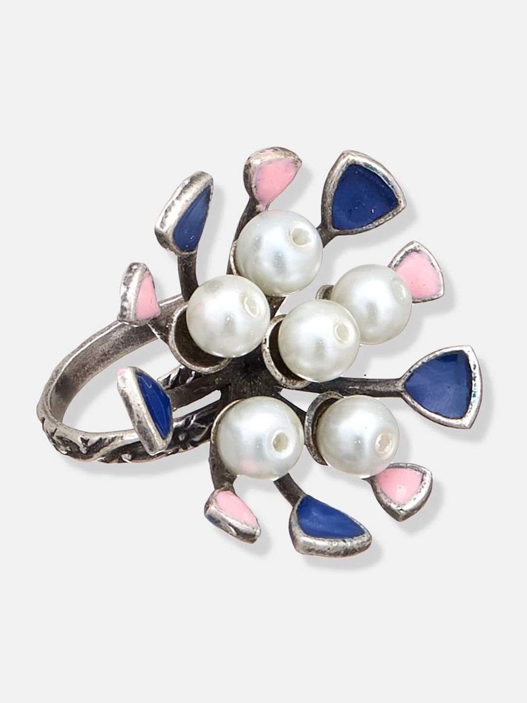 ATIBELLE Set Of 2  Silver-Plated Stone-Studded & Pearl Beaded Adjustable Finger Ring