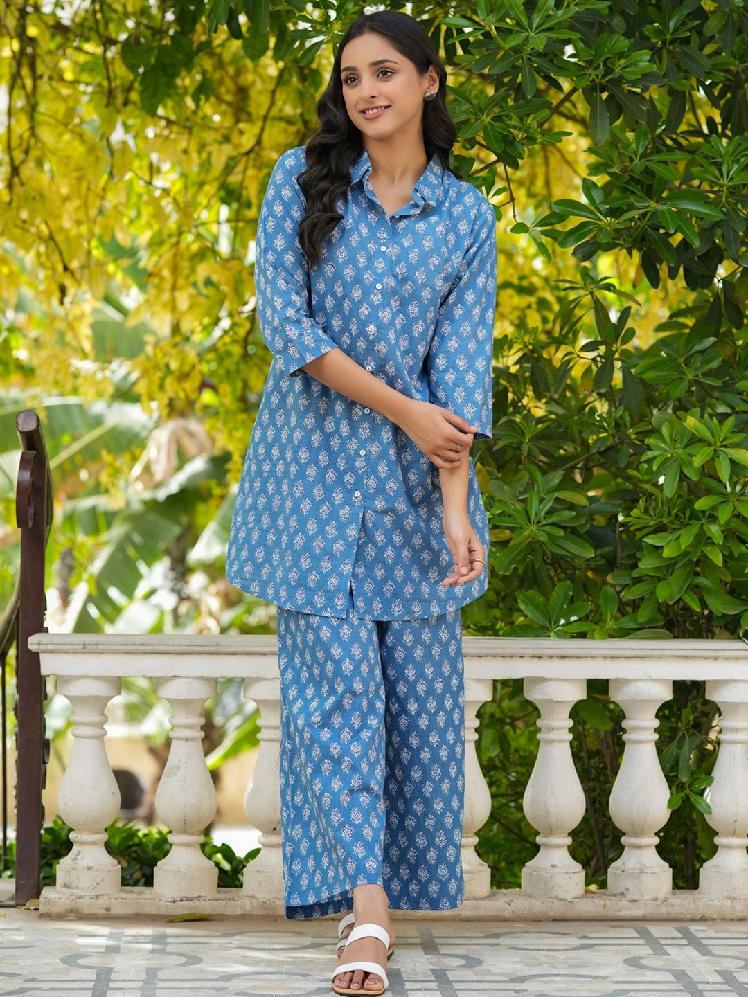 SANSKRUTIHOMES Blue Printed Pure Cotton Shirt with Lounge Pants-image-3