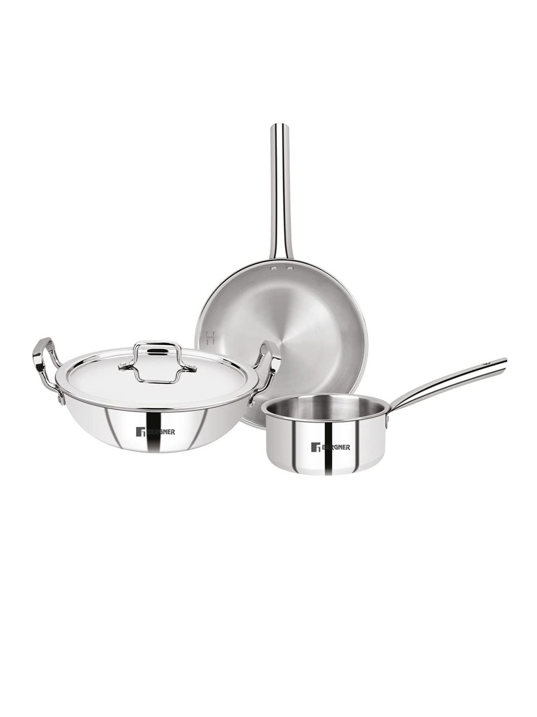 Bergner Tripro TriPly 4 Pcs Set - 24 cm/3 L Kadai, 22 cm/1.7 L Frypan, 16 cm/1.5 L Teapan-image-0