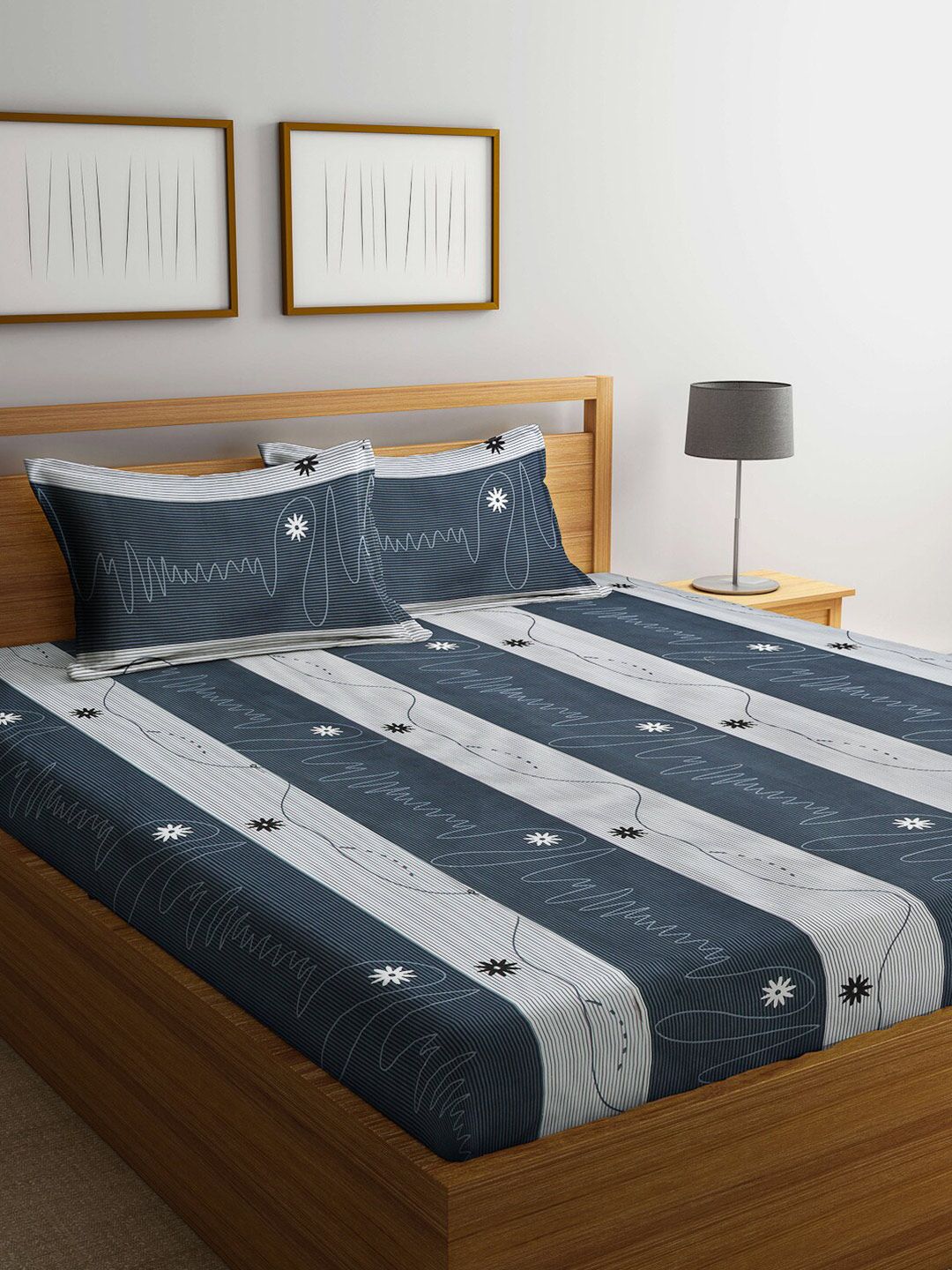 FABINALIV Blue & Grey Striped 300 TC King Bedsheet with 2 Pillow Covers-image-47