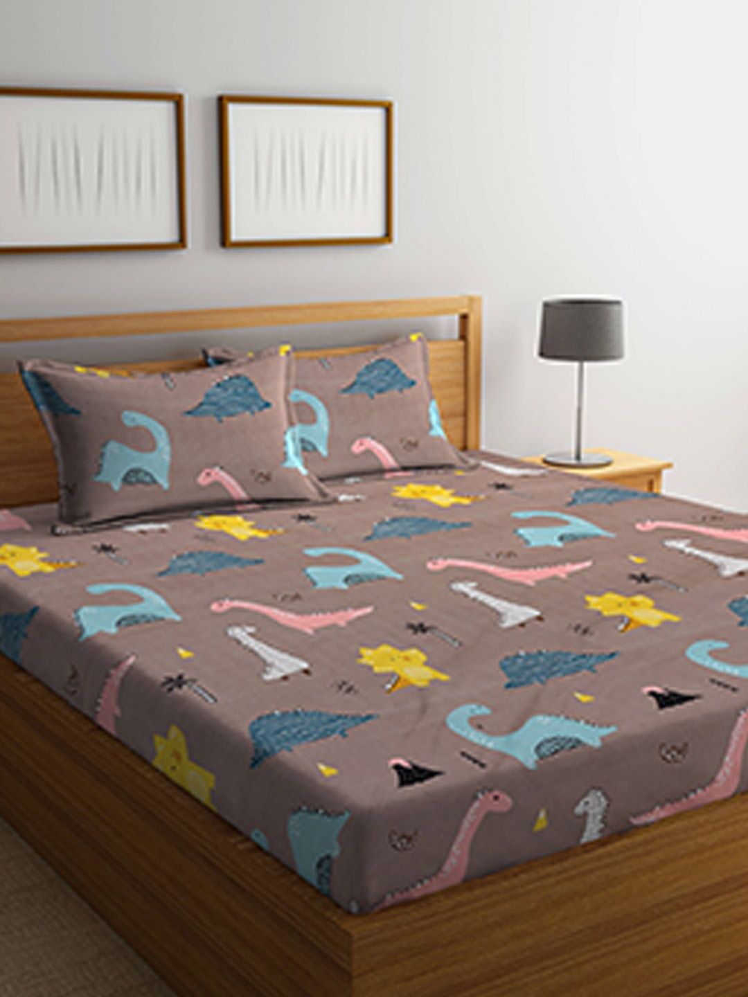 FABINALIV Brown & Yellow Conversational 300 TC King Bedsheet with 2 Pillow Covers-image-48