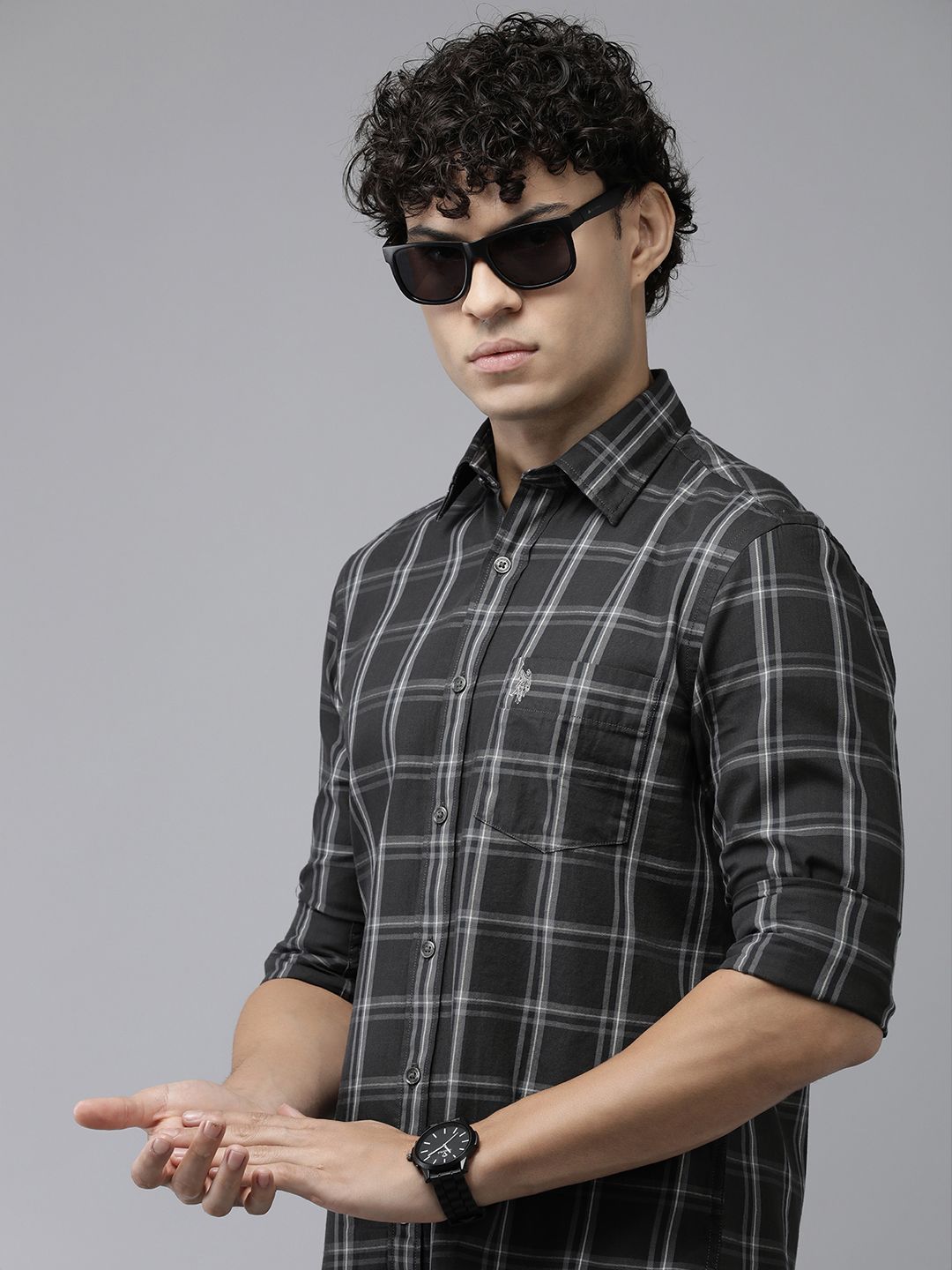 U.S. Polo Assn. Men Black Tailored Fit Checked Pure Cotton Casual Shirt
