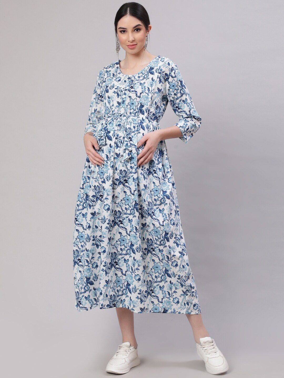 Nayo Floral Printed Maternity Cotton Fit & Flare Midi Dress
