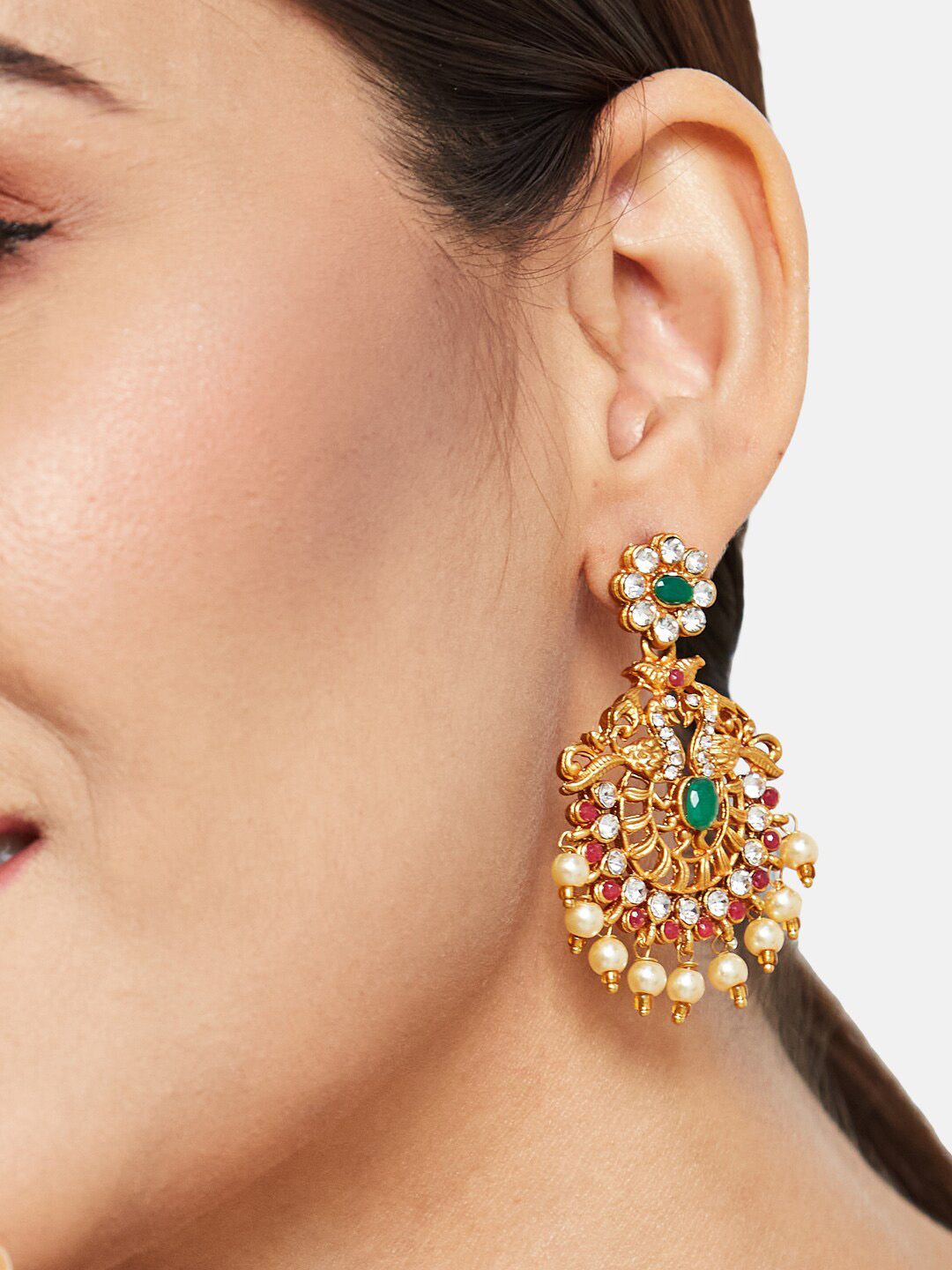 ATIBELLE Gold-Plated Contemporary Stone Studded & Beaded Drop Earrings