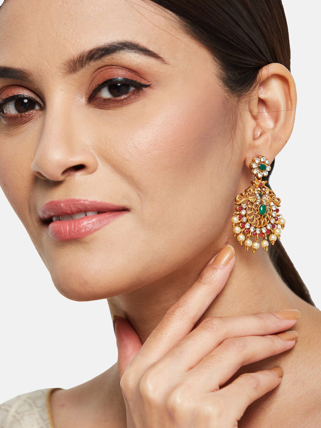 ATIBELLE Gold-Plated Contemporary Stone Studded & Beaded Drop Earrings