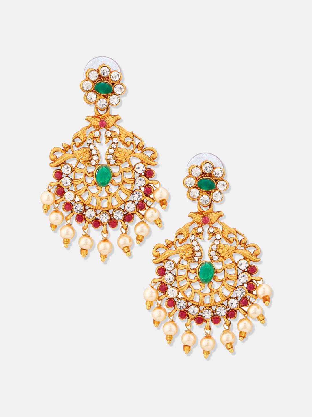 ATIBELLE Gold-Plated Contemporary Stone Studded & Beaded Drop Earrings