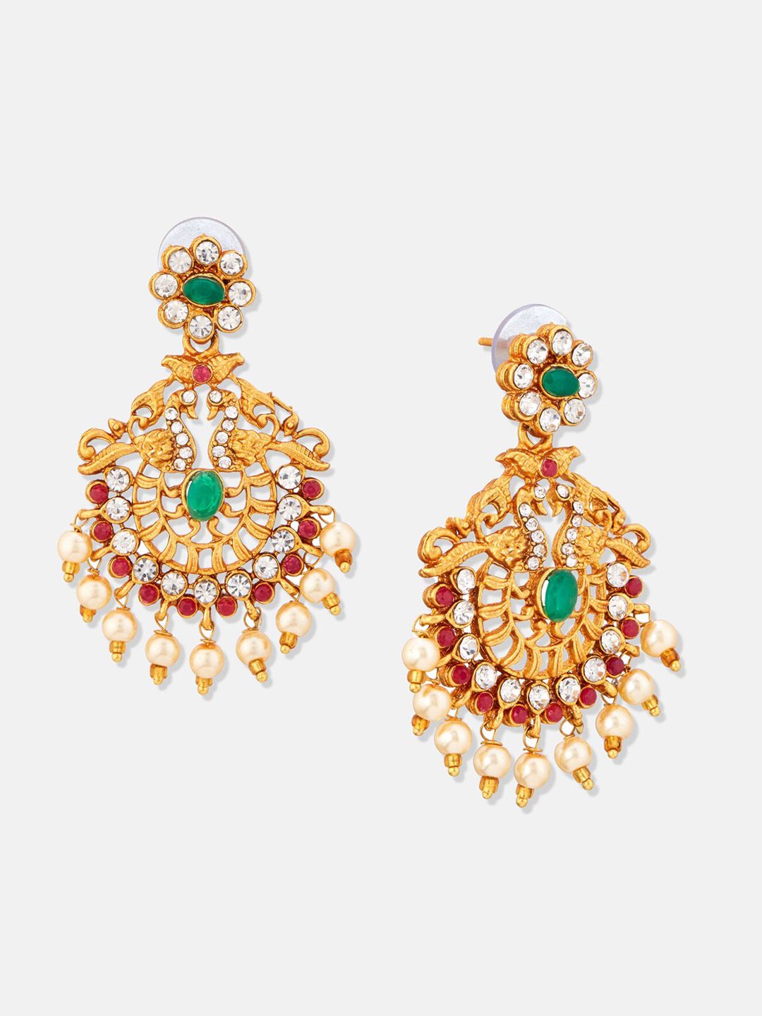ATIBELLE Gold-Plated Contemporary Stone Studded & Beaded Drop Earrings