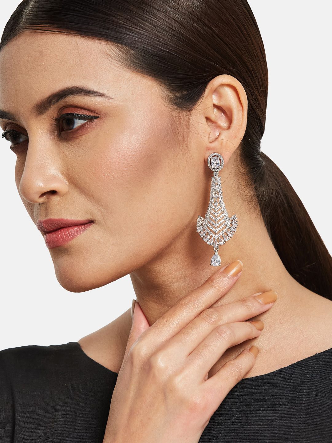 ATIBELLE Silver Plated Contemporary Cubic Zirconia Studded Drop Earrings