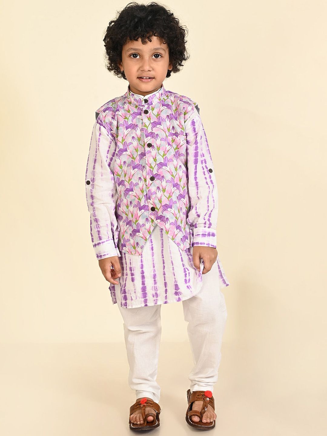 LIL PITAARA Boys Floral Printed Regular Pure Cotton Kurta With Pyjamas & Nehru Jacket-picture-29