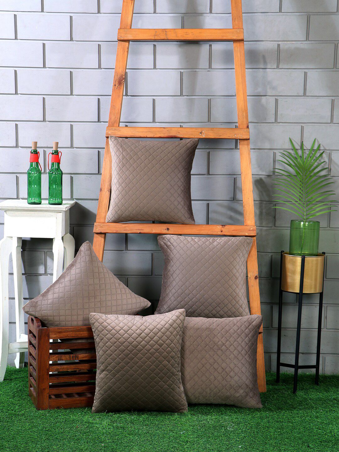 Nendle Brown 5 Pieces Self Design Velvet Square Cushion Covers-picture-32