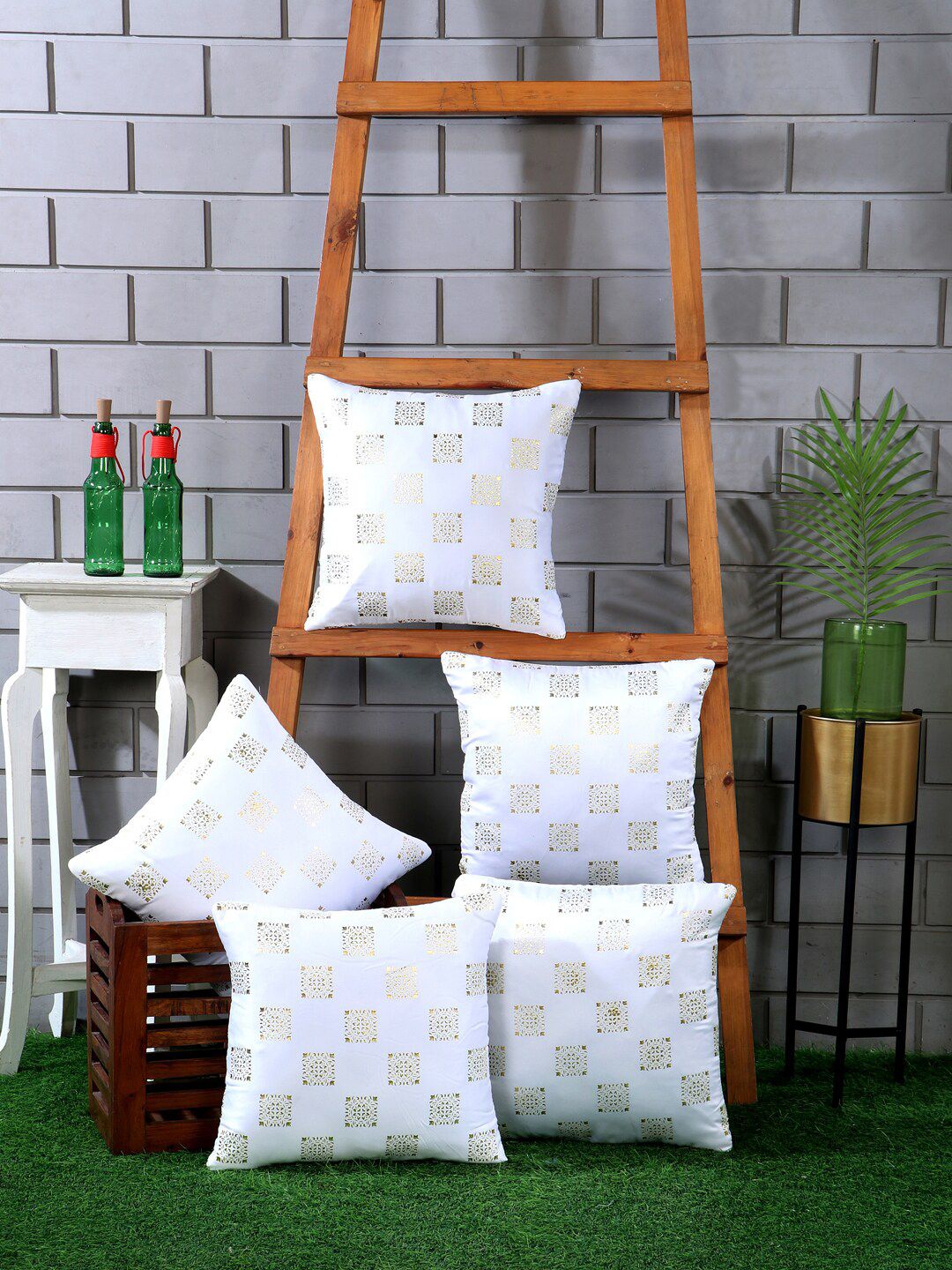 Nendle White & Gold-Toned 5 Pieces Leather Square Cushion Covers-picture-39